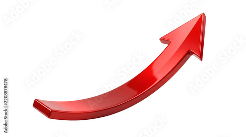 Glossy red three dimensional arrow pointing upwards and curving on a dark black background symbolizing growth and success