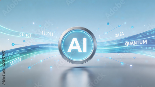 Artificial intelligence AI concept glowing futuristic digital background featuring pale blue and silver gradients with floating neon data codes and quantum particles.