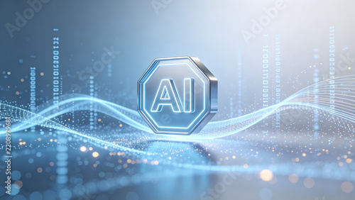 Artificial intelligence AI concept glowing futuristic digital background featuring pale blue and silver gradients with floating neon data codes and quantum particles.