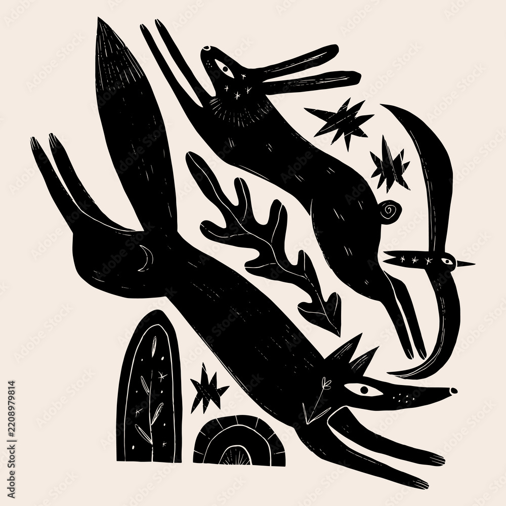 Fototapeta premium Doodles mystical linocut wild animals composition featuring running fox, leaping hare rabbit, flying bird, arch portal, crescent moon, and sparkling stars in esoteric folk weirdcore cottagecore art