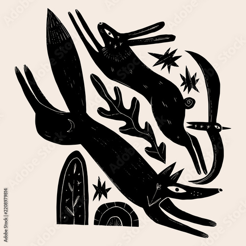 Doodles mystical linocut wild animals composition featuring running fox, leaping hare rabbit, flying bird, arch portal, crescent moon, and sparkling stars in esoteric folk weirdcore cottagecore art
