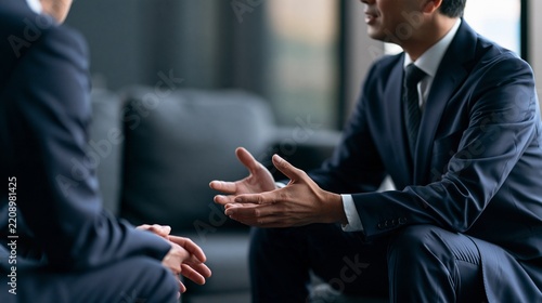 落ち着いたソファ席で身振り手振りを交え熱心に商談を進める男性たち。M&A仲介、事業承継セミナー、エグゼクティブ向け提案書に最適なビジネス写真（文字入れ用余白・コピースペース付き）