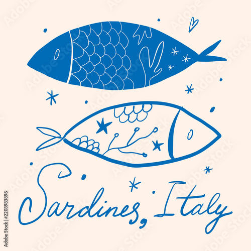 Colorful cute funky crayon drawn decorative sardines. Cartoon stickers of fish. Bright doodle illustration with weird handmade cozy vibe. Kid drawn sardine, tuna, salmon, mackerel