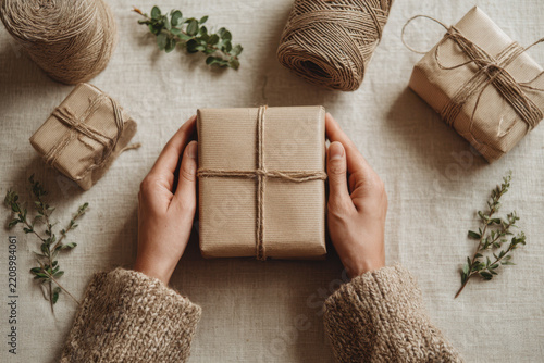 Woman holding a christmas gift wrapped in ecological brown paper with twine and decorated with green branches