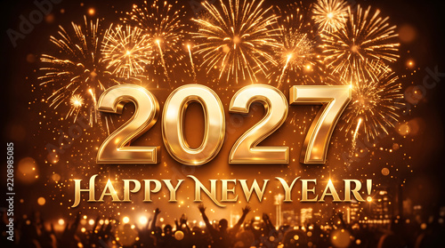 Golden New Year 2027 celebration with spectacular fireworks exploding over a cheering crowd at night