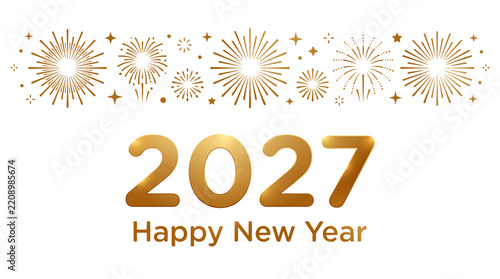 Simple New Year 2027 design with large golden numbers happy new year text and a border of stylized fireworks on a black background