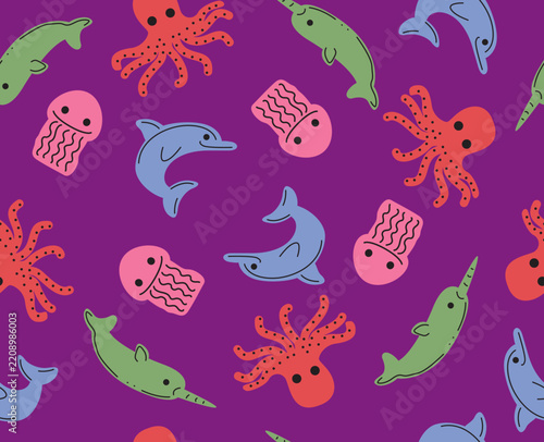 Colorful Octopus Dolphin Jellyfish Narwhal Purple Seamless Pattern Background