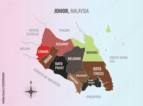 Johor Malaysia Negeri into Daerah in a minimalist colorful style map showing