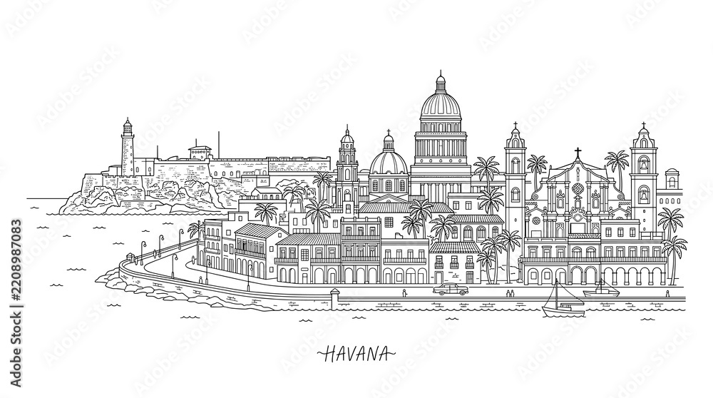 Obraz premium Havana Cityscape Skyline - Vintage Line Art Illustration