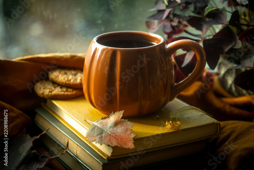 Autumn mood, fall vibes. Mug of tea on stack of bright books and autumn leaves by the window.