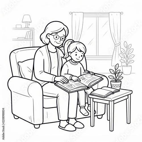Grandmother and granddaughter reading book