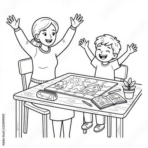 Teacher and child doing puzzle coloring page line art