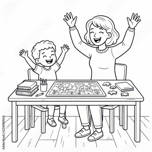 Mother and son doing jigsaw puzzle coloring page