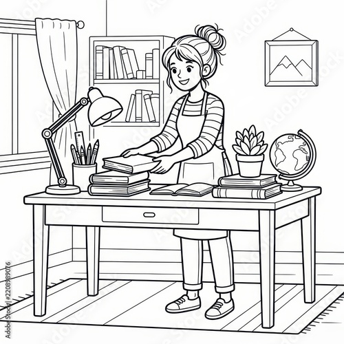 Woman organizing books on a desk coloring page