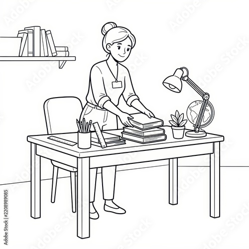 Teacher organizing books on desk coloring page line art