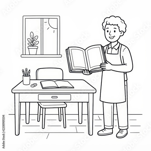 Teacher holding an open book in classroom coloring page