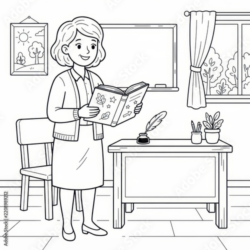 Teacher reading book in classroom coloring page
