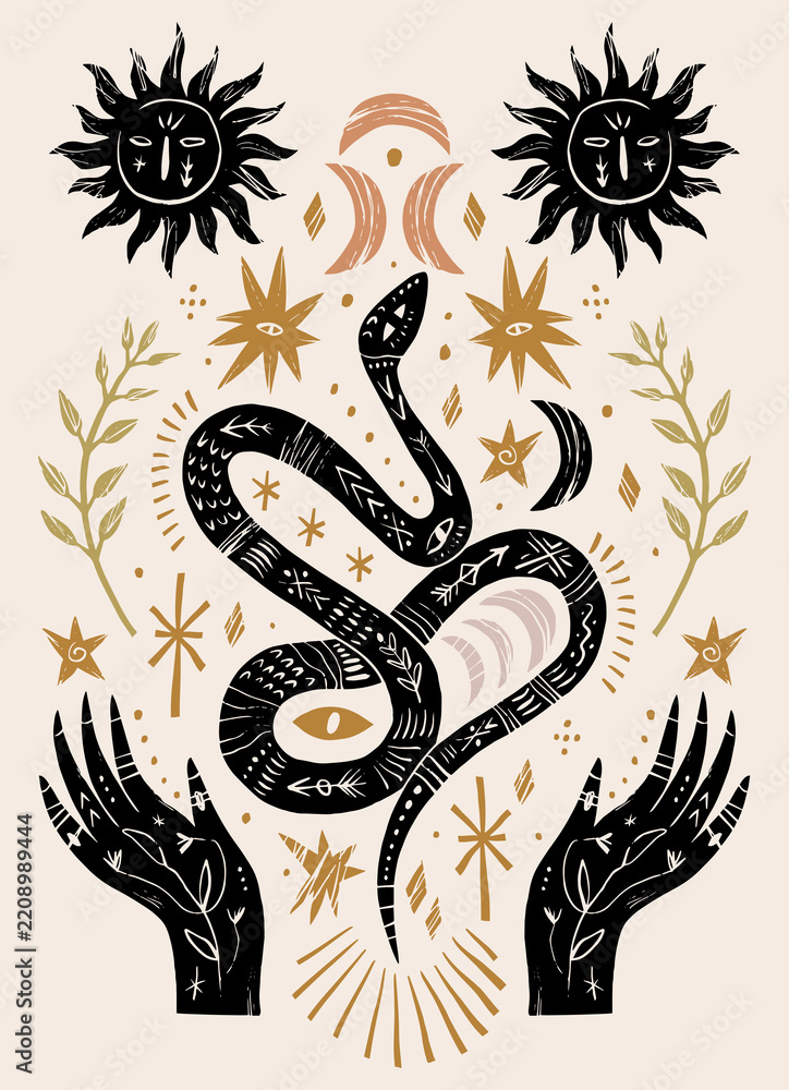 Fototapeta premium Witchy mystical weirdcore serpent snake held by hands, featuring suns with faces, moon phases, leaves, and celestial eye stars in esoteric linocut vector illustration