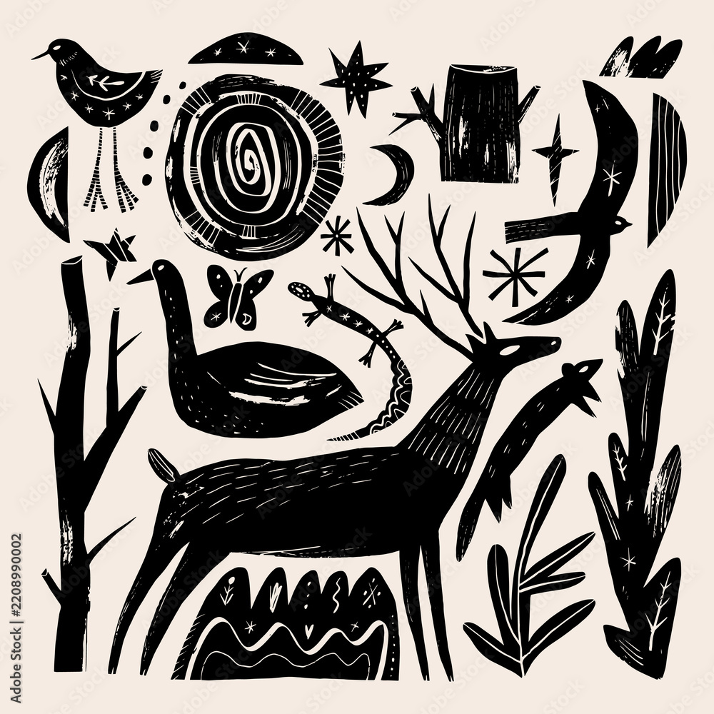 Fototapeta premium Doodles mystical weirdcore cottagecore woodland set featuring stag deer, swan, lizard, butterfly, birds, tree stump, crescent moon, and celestial stars in esoteric linocut vector illustration