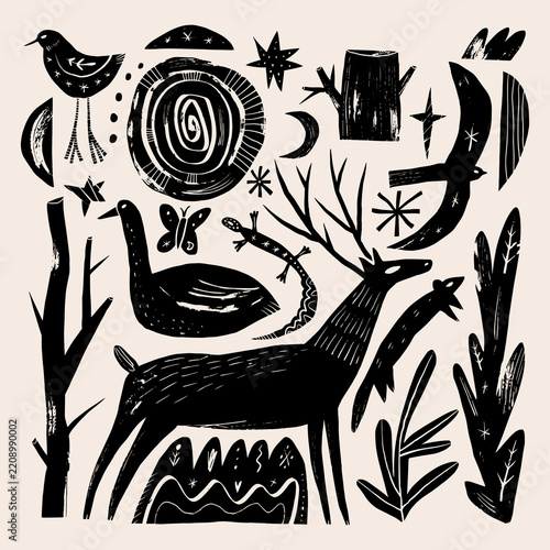 Doodles mystical weirdcore cottagecore woodland set featuring stag deer, swan, lizard, butterfly, birds, tree stump, crescent moon, and celestial stars in esoteric linocut vector illustration