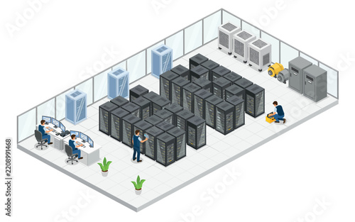 Isometric illustration of a modern data center server room isolated on white background, Vector, illustration
