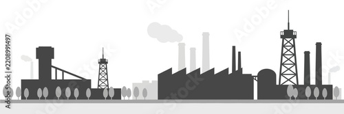 Industrial factory skyline silhouette with smoke stacks isolated on white background, Vector, illustration