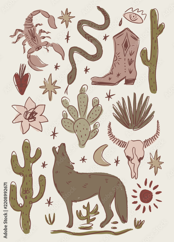 Naklejka premium Boho doodle desert howling wolf clipart set featuring scorpion, snake, bull skull, cowboy boot, cacti, flower, crying eye, sun, moon and celestial stars in western blossom flora vector illustration