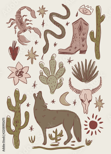 Boho doodle desert howling wolf clipart set featuring scorpion, snake, bull skull, cowboy boot, cacti, flower, crying eye, sun, moon and celestial stars in western blossom flora vector illustration