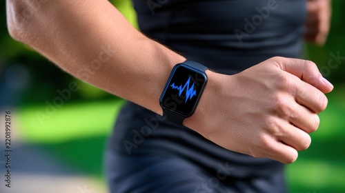 Person wearing smartwatch showing heart rate monitor graphic