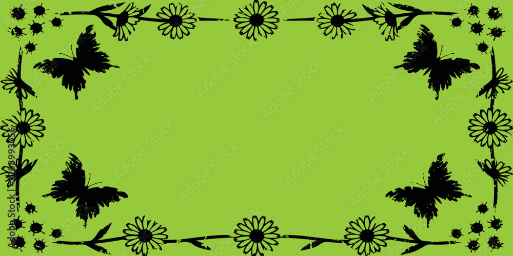 Obraz premium Decorative rectangular frame border with daisies and butterflies on a light green background