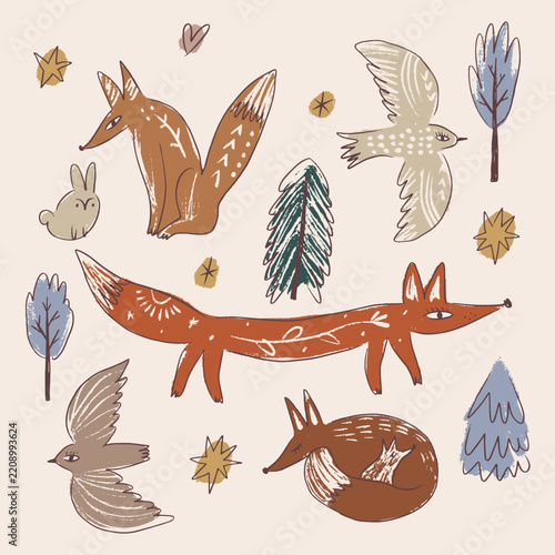 Cartoon mystical woodland animal set featuring foxes, flying birds, bunny rabbit, pine trees, heart, and celestial stars in naive folk weirdcore cottagecore winter vector illustration