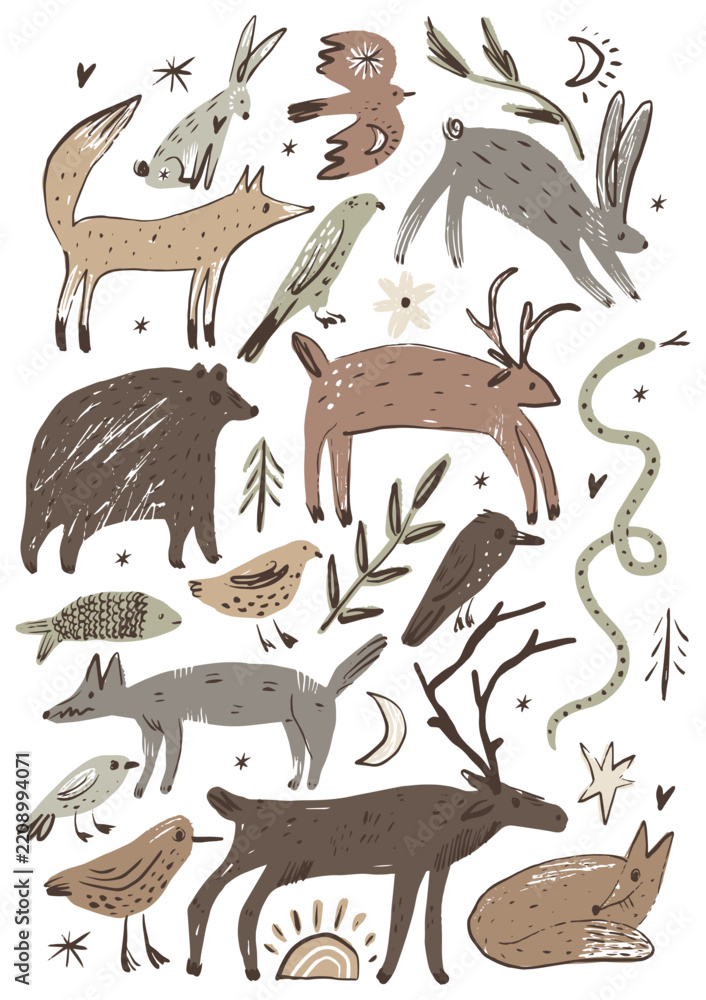 Fototapeta premium Cute mystical woodland animal clipart set featuring deer stag, bear, foxes, hares, birds, snake, fish, crescent moon, sunburst, and stars in naive folk weirdcore cottagecore vector illustration
