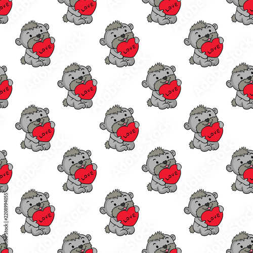 Cute Grey Bear Holding Red Love Heart Seamless Pattern for Valentine Gift Wrap and Fabric