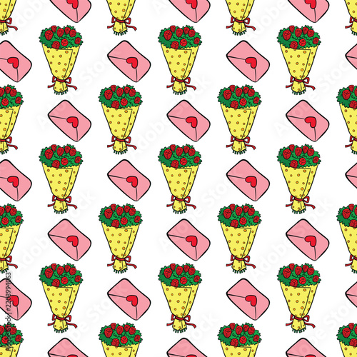 Seamless Valentine’s Day Rose Bouquet and Love Letter Pattern Background for Wrapping Paper