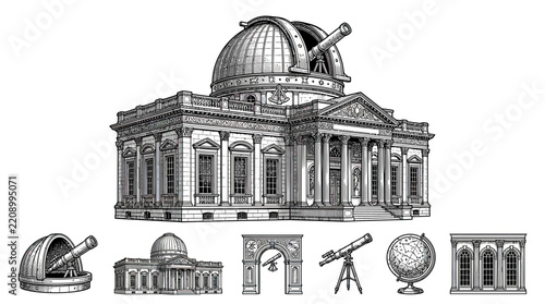 Vintage Observatory and Astronomical Instruments Illustration