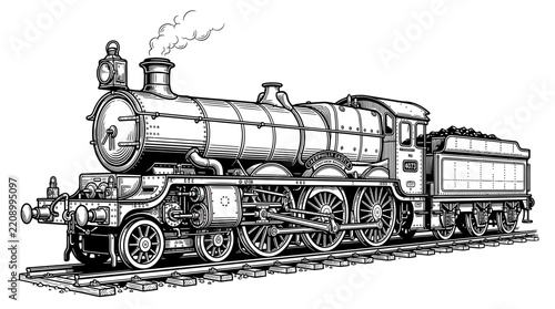 Vintage Steam Locomotive on Tracks, Ink Drawing Style