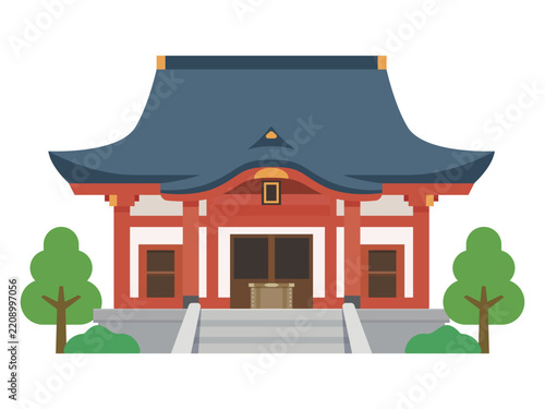 Traditional Japanese Shinto shrine building with trees illustration