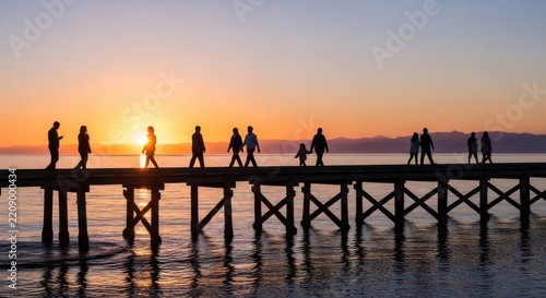 People walking on pier at sunset
