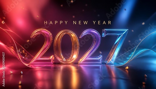 Happy new year 2027 neon glowing numbers with dynamic light streaks on dark background celebration greeting typography background seasonal calendar invitation composition artistic reflection