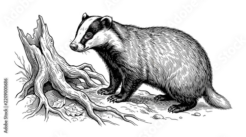 Engraved Badger Standing Near Tree Stump Isolated