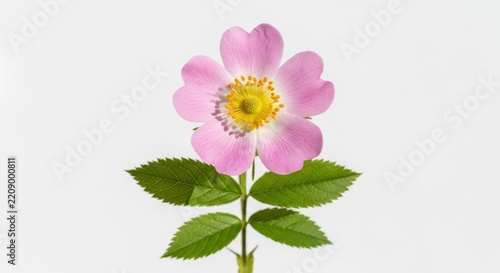 Pink rose with green leaves and yellow center