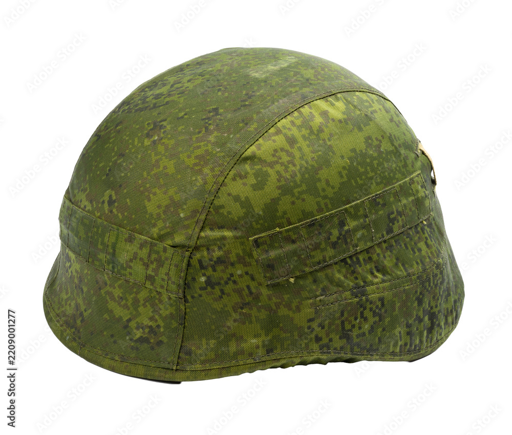 Obraz premium Green military helmet with camouflage pattern displayed on a white background