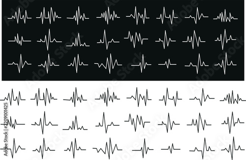 Sound wave and audio frequency pulse icon set, featuring heartbeat and sound track equalizer symbols in black and white vector illustration,