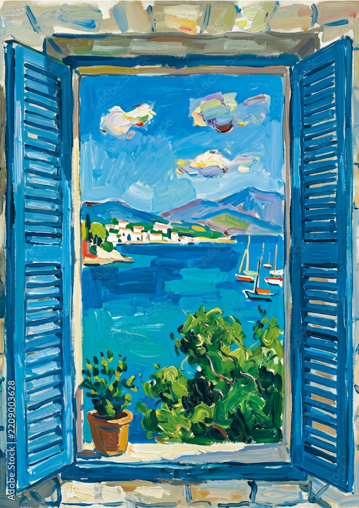 Fototapeta premium View from an open window of a sea bay with a sailboat, watercolor