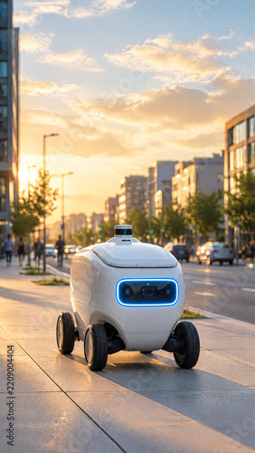 Autonomous Delivery Robot on a City Sidewalk at Sunset