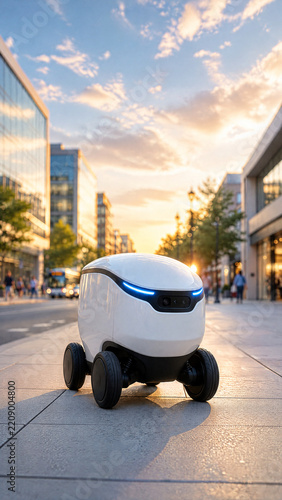 Rounded Delivery Robot in a Pedestrian Street at Sunset