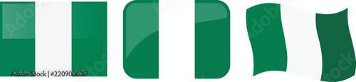 Set of glossy flags of Nigeria in different shapes, vector illustration