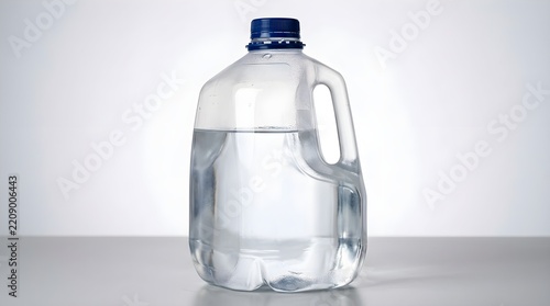 A sizable plastic container is filled with a transparent liquid and stands alone on a plain gray backdrop with gentle illumination and