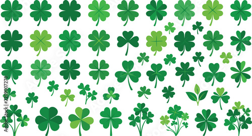 Green Shamrock and Four Leaf Clover Flat Vector Graphic Icon Set for Saint Patricks Day Celebration Layouts and Irish Luck Theme Designs