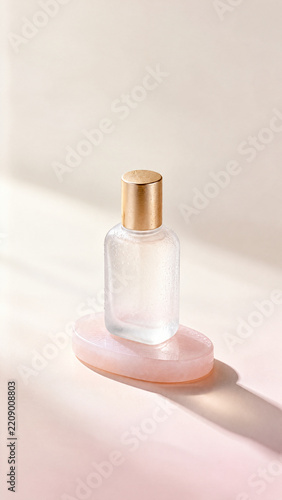 Clear Cosmetic Bottle on a Pink Oval Display Stand